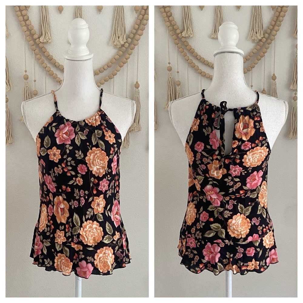 Cinnamon Girl Hawaii black halter tie viscose tank top floral pink peach small